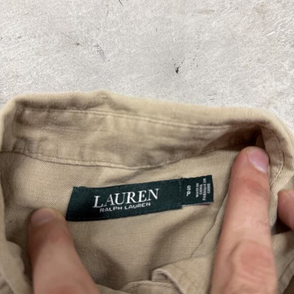 Ralph Lauren Womens Small Beige Solid Button Up Long Sleeve Shirt Pocket Linen - Picture 3 of 6